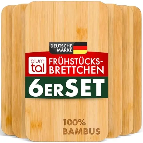 Blumtal Schneidebrett Frühstücksbrettchen 6er Set aus Bambus - 22x14x0,8 cm, Frühstücksbretter Holz, antibakterielles Holzbrettchen