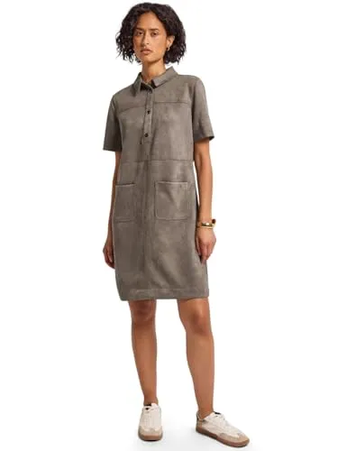 Street One Damen 1408846 Velours Blusenkleid, bark Brown, 46 - Freizeitkleid für Damen mit Hemdkragen und dekorativer Knopfleiste, perfekt für lässige Anlässe und bequem dank aufgesetzter Taschen.