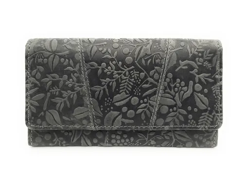 Hill Burry Damen Geldbörse aus echtem Leder mit RFID Schutz - Grau - Elegantes Portemonnaie aus naturbelassenem Rindleder mit floraler Prägung, bietet RFID-Schutz für Ihre Karten und eine durchdachte Innenaufteilung für optimale Organisation.