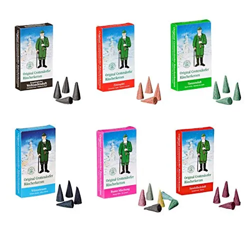 Crottendorfer Räucherkerzen - Winterwald - Weihnachtsduft, Zimtapfel, Tannenduft, Wintertraum, Bunte Mischung, Sandelholzduft (6 x 24 Stück)