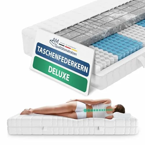 AM Qualitätsmatratzen 3D Deluxe 7-Zonen Taschenfederkernmatratze 160x200 H3 - Orthopädische Matratze mit 1000 Federn für optimale Körperanpassung, 7-Zonen Konturschnitt für besseren Schlaf und Made in Germany für höchste Qualität.