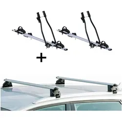 Fahrradträger Set SAGITTAR + Relingträger CRV120A für Toyota Rav4 II 00-06 - Zubehör für Gepäckträger und Dachboxen: Hochwertiges Set mit 2x Fahrradträgern für sicheren und komfortablen Transport von bis zu 2 Fahrrädern auf dem Dach.