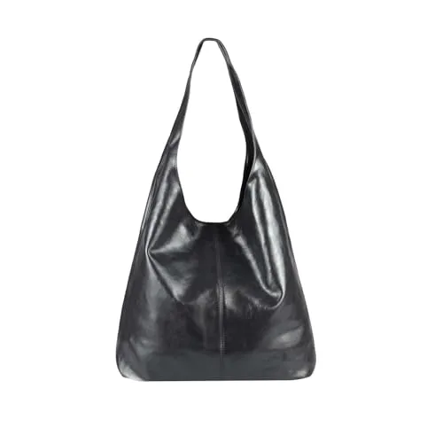 OBC Made IN Italy Damen Leder Hand-Tasche METALLIC - Eleganter Shopper in Schwarz-Metallic, aus echtem Leder, vielseitig und geräumig für jeden Anlass
