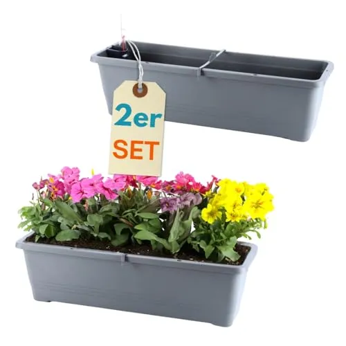 2x Wasserspeicher Blumenkasten 60 cm Anthrazit - Garten-Zubehör: Rechteckige Blumenkästen mit Wasserspeicher, ideal für blühende Pflanzen und pflegeleicht durch Recyclingmaterial.
