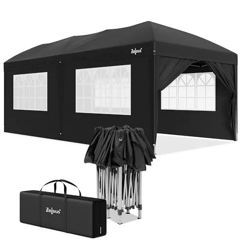 Zelsius Faltbarer Pavillon 3x6 m mit Seitenwänden, Schwarz - Der Zelsius Faltbare Pavillon 3x6 m ist ideal für Garten und Veranstaltungen. Mit wasserabweisendem Dach und UV-Schutz 30 bietet er optimalen Schutz. Der schnelle Aufbau und die individuelle Anpassung der Seitenwände machen ihn zum perfekten Begleiter für Feste im Freien.