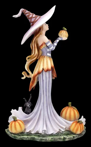 Hexenfigur - Pumpkin Witch von Amy Brown - Mystische Deko für Halloween - Handbemalte Hexenfigur aus Kunststein, ideal für die herbstliche Dekoration. Einzigartig und fantasievoll, bringt sie einen Hauch von Magie in jedes Zimmer.