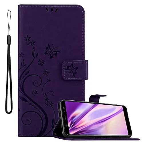 Cadorabo Hülle kompatibel mit Samsung Galaxy A6 Plus 2018 Blumen Design aus Kunst Leder Flip Klappbare Magnetische [Standfunktion] [Kartenfächern] Cover Hülle für Galaxy A6 Plus 2018 Tasche in Lila