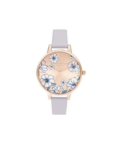 Olivia Burton Groovy Blooms Damen Quarzuhr - Elegante Armbanduhr mit rotgoldenem Sonnenstrahlen-Zifferblatt und fliederfarbenem Lederarmband, ideal für den Alltag und spritzwasserfest bis 10 m.