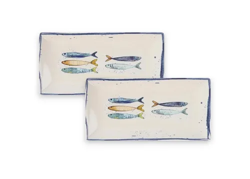 WestCraft Speiseteller Teller, mediterran mit Sardinen-Motiv, Maritime Servierplatte 30×15cm, (2 St), 2er Set, hochwertig und robust - langlebig und vielseitig einsetzbar