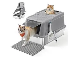 Feandrea Edelstahl Katzenklo XL mit Deckel und 2 Eingängen - Optimale Lösung für Katzenbesitzer! Unsere geräumige Katzentoilette in taubengrau bietet mit 2 Eingängen und hochwertigem Edelstahl Komfort und einfache Reinigung für Katzen bis 15 kg. Perfekt für ein sauberes Zuhause!