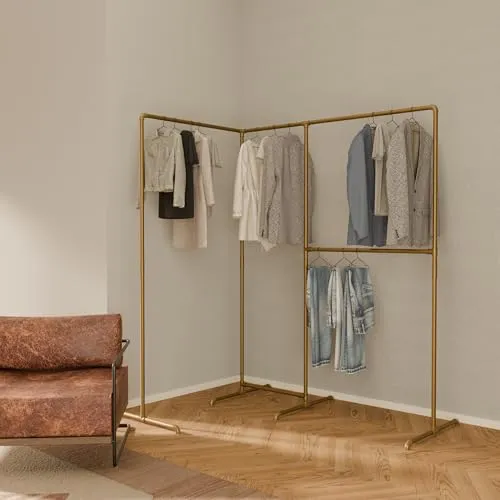 pamo Kleiderständer Gold – Stabiler Industrial Design Kleiderständer für Schlafzimmer & Flur - Robuster Kleiderständer aus pulverbeschichtetem Stahl mit elegantem goldenen Finish. Trägt bis zu 140 kg und bietet eine platzsparende Lösung für Ordnung und Stil in jedem Raum.