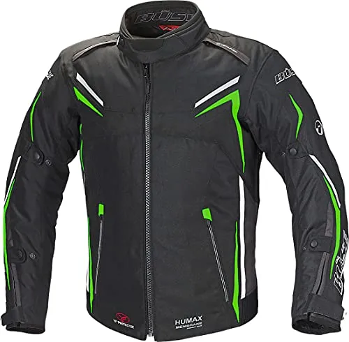 Büse Mugello Textiljacke schwarz/neongrün Herren M - Motorradjacke mit atmungsaktiver HUMAX®-Klimamembran, wasser- und winddicht, ideal für Fahrspaß bei jedem Wetter, mit verstellbaren Protektoren für optimale Sicherheit.