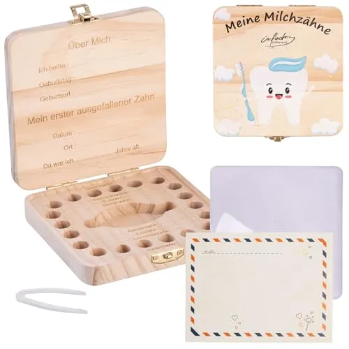 infactory Baby-Zahn-Andenkenboxen: Zahnbox für Milchzähne aus Holz, inkl. Pinzette, Zahn-Edition (Zahndose Milchzähne, Erinnerungsboxen, Deckel)