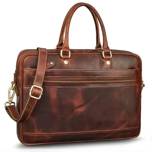 ROYALZ 'Charleston' Echtleder Aktentasche Herren/Damen Umhängetasche Leder groß modern - Business Laptoptasche 14-15.6 Zoll Ledertasche als Henkeltasche Schultertasche, Farbe:Roma Cognac Braun