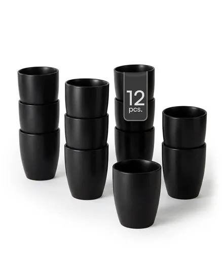 HIT Trading Becher aus Steingut in Schwarz - Set aus 12 stilvollen Kaffeebechern ohne Henkel, ideal für jeden Anlass. Hochwertiges Steingut sorgt für ansprechendes Design und Langlebigkeit.