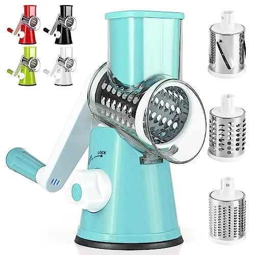 Dreamhigh® Käsereibe mit Kurbel, Gemüseschneider mit 3 Edelstahl Austauschbaren Trommelklingen, Manuelle Trommelreibe, Gemüsehobel, Starke Saugwirkung, Ideal für Gurken, Käse, Nüsse, Karotten, Blau