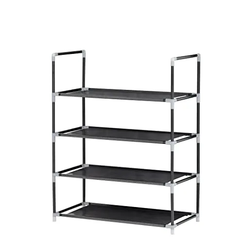 Baroni Home Platzsparender Schuhschrank aus Vliesstoff mit 4 Ebene, Schuh-Organizer mit Eisengestell, Schuhaufbewahrung für Flur, Kabine, Schlaf- und Wohnzimmer, Schwarz, 57x28x72 cm (4 Regale)