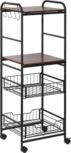 HOMCOM 4-stöckiger Küchenwagen, Servierwagen, Rollwagen mit 2 Auszugskörben, Seitenablagen und Haken, 40 x 38 x 111 cm, Walnuss