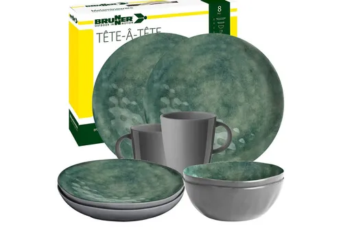 BRUNNER Camping Geschirrset VENETIAN 8-tlg. SEA GREEN - Hochwertiges 8-teiliges Camping Geschirrset in Steingut-Optik, bruchsicher, BPA-frei und spülmaschinengeeignet. Ideal für 2-4 Personen mit rutschfesten Bechern und kratzfesten Tellern für unbeschwerte Mahlzeiten unterwegs.