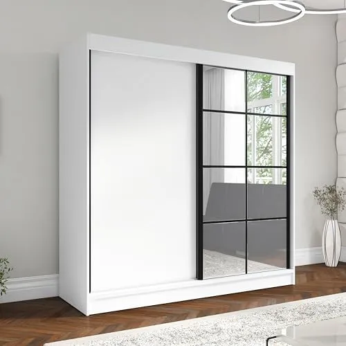 A&J MöbelLand Schwebetürenschrank TAVIRO Kleiderschrank 2-türig mit Schubladen und Spiegel, Garderobe 200 cm (Weiß)