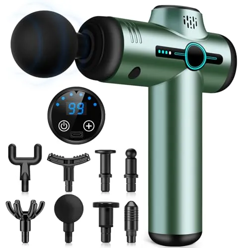 AQXONG Mini Muskelmassagepistole, Tragbares Elektrisches Massagegerät mit LCD Display, 99 Geschwindigkeiten, 8 Massageköpfe, Ultraleise Massagepistole 35DB, Wiederaufladbare Massagepistole