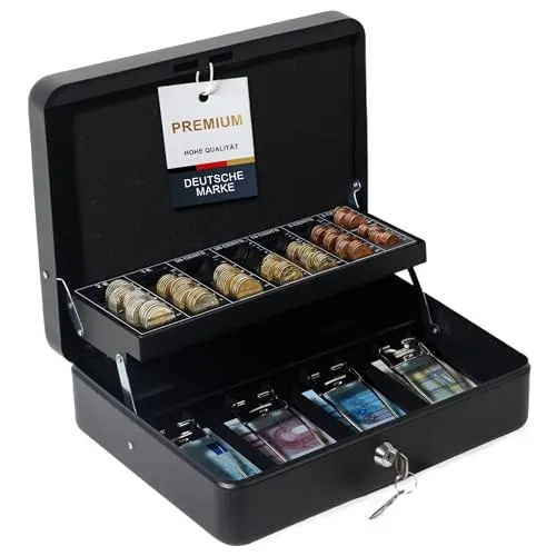 GREELUE Geldkassette Abschließbar Groß mit Münzzählbrett & Scheinfächern,30x24x9cm aus Stahl, Ideal als Spardose, Tresor, Haushaltskasse Schwarz