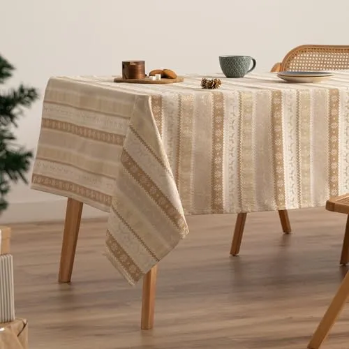 GAMUSI Tischdecke für Weihnachten, Jacquard, Goldgarn, Esstisch, rechteckig, Weihnachtsdekoration, 140 x 240 cm, Beige/Gold