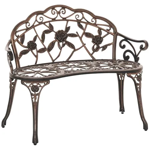 Outsunny Gartenbank im Retro Stil mit Blumenmuster, Bronze - Die stilvolle Gartenbank von Outsunny bietet Platz für 2 Personen und verleiht Ihrem Außenbereich mit ihrem antiken Design einen Hauch von Eleganz. Robuste Materialien garantieren Stabilität und Langlebigkeit.