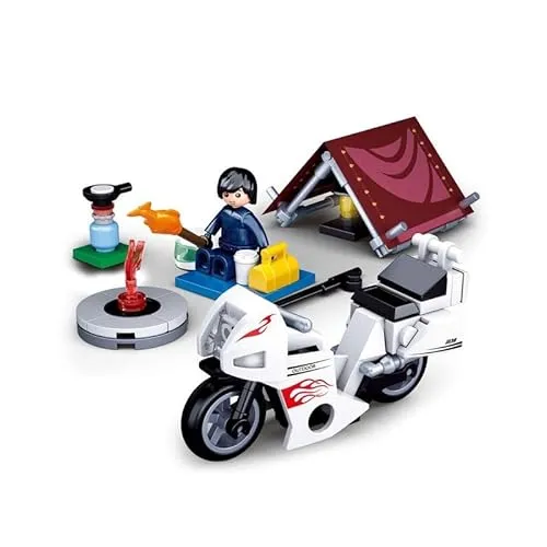 Sluban Klemmbausteine Motorradfahrer bei Camping (76 Teile) [M38-B0717E], Spielset, Klemmbausteine, City, mit Spielfigur, Stadtleben, Bunt, Klemmbausteine SL07160