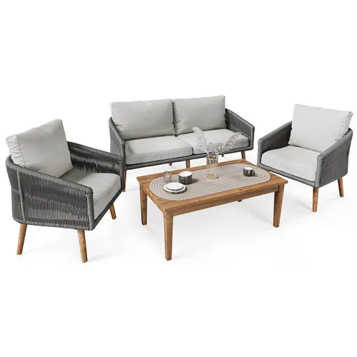 Gartenmöbel Set MATERA - Elegante Gartensitzgruppe mit Couchtisch aus Akazienholz - Loungemöbel & Sitzgruppen: Hochwertiges Lounge Set in Grau aus Polyrattan, inklusive Kissen für maximalen Komfort und stilvolles Design.