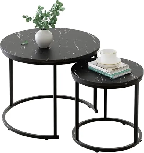 Huhote 2er Set Beistelltisch Set Rund, Sofatische, Couchtisch aus Holz mit Metallrahmen, Living Room Table, Kaffeetisch, Wohnzimmertisch, Tischkombination fürs Wohnzimmer, Balkon,Schwarz