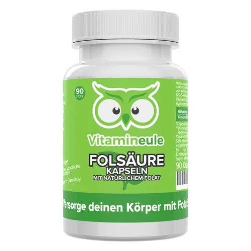 Folsäure Kapseln - Vitamineule® - Folsäure Kapseln für Kinderwunsch, Schwangerschaft und Stillzeit, hochdosiert mit 400 µg bioaktivem Folat pro Kapsel, ideal für Frauen und Kinder, 60 Tage Zufriedenheitsgarantie.