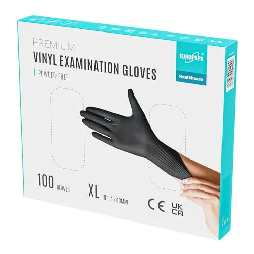 EUROPAPA® 100x Vinylhandschuhe Einweghandschuhe Untersuchungshandschuhe Einmalhandschuhe latexfrei puderfrei Vinyl Handschuhe in Gr. S, M, L & XL verfügbar (Schwarz Premium, XL)