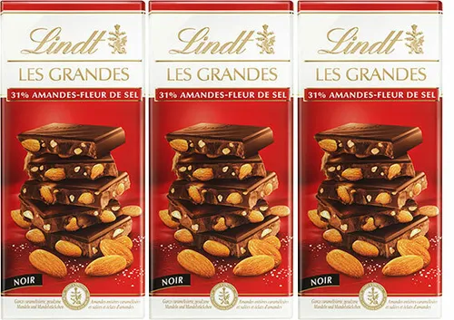 Produktbild Lindt 3 x 150g. Les Grandes Dunkle Schokolade mit Mandel und Meersalz 450g