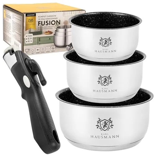 KARL HAUSMANN Topfset Induktion mit Abnehmbarem Griff - 3-Teilig - Kochtöpfe aus hochwertigem Edelstahl, ideal für alle Herdarten. Mit abnehmbarem Griff für platzsparende Lagerung und einfache Reinigung – perfekt für kleine Küchen und stressfreies Kochen.