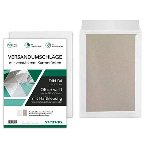 Premium Versandtaschen B4 in Weiß mit Papprückwand - 200 Stück - 200 Versandtaschen im DIN B4 Format, ideal für den sicheren Versand von Dokumenten. Robustes 120 g/qm Kraftpapier sorgt für Knickfreiheit und einfache Handhabung dank selbstklebender Klappe. Hergestellt in Deutschland.