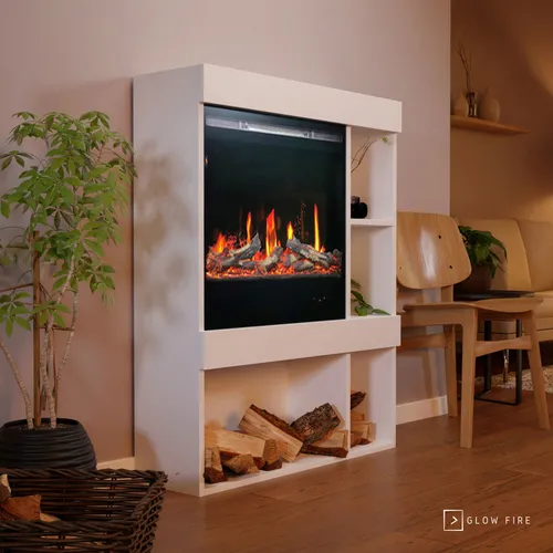 Glow Fire SCM-3 Elektrokamin Screen Motion Weiß - Eleganter Elektrokamin mit realistischem LED-Glutbett und drei Flammenfarben. Regulierbare Heizfunktion und Bedienung per App oder Fernbedienung bieten Komfort und Gemütlichkeit in jedem Raum.