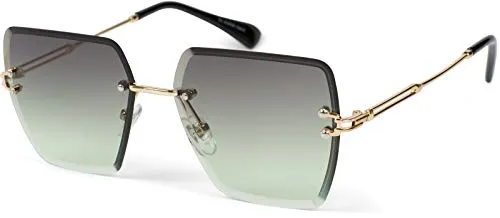 styleBREAKER Damen Sonnenbrille ohne Rahmen mit eckigen Polycarbonat Gläsern und Diamantschliff | UV400 Verlaufstönung | Metallbügel verstellbare Nasenpads, Gestell Gold/Glas Grün Verlauf