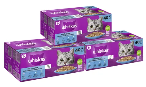 Whiskas Katzenfutter Nassfutter Fisch Auswahl in Gelee 120x85g - Leckeres Nassfutter mit Lachs, Thunfisch und mehr, ideal für eine ausgewogene Ernährung Ihrer Katze. Verpackungseinheit: 120 Portionen à 85g.