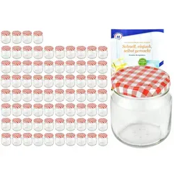 75er Set Rundglas 212 ml mit rot kariertem Deckel und Rezeptheft - Vorratsgläser Set mit 75 Sturzgläsern (212 ml) und praktischen Twist-Off-Deckeln, ideal zum Einmachen von Marmelade und mehr. Inklusive Rezeptheft für kreative Ideen!