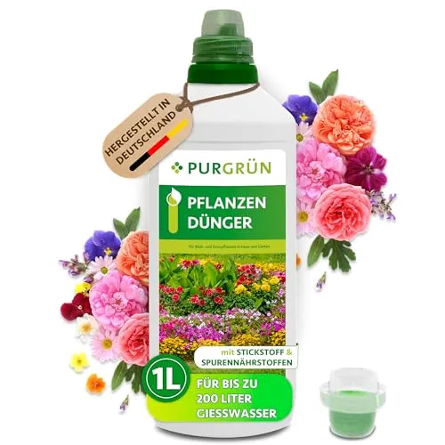 Purgrün Universaldünger 1L - Flüssigdünger für Blüh- und Grünpflanzen - Dünger für Blüh- und Grünpflanzen mit NPK 8+8+6, fördert Wasseraufnahme durch Aqua Plus und sorgt für kräftiges, gesundes Wachstum.