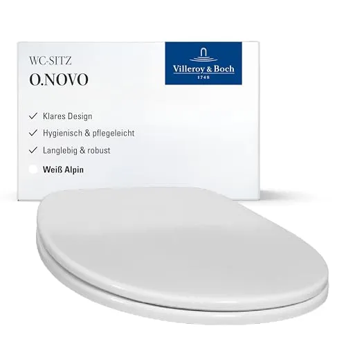 Villeroy Boch O.novo WC-Sitz - Ovaler Klodeckel aus bruchsicherem Duroplast, hygienisch und langlebig mit Edelstahl-Scharniere, glänzend Weiß Alpin