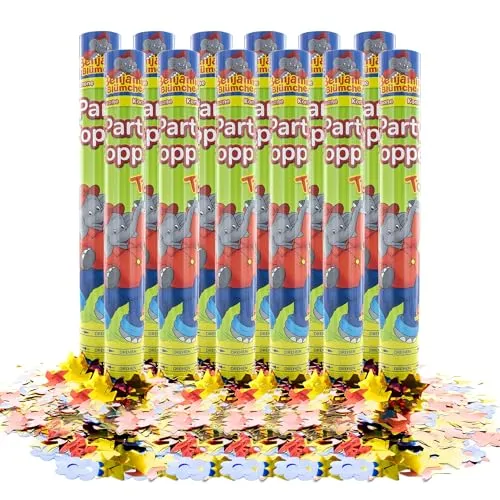 Party Factory – Konfettikanone Benjamin Blümchen Party Popper 1er – Partygadgets Konfetti Kanone 40cm mit bunt schimmernden Schnipseln für Kindergeburtstag – Bis 8m Flughöhe, für Innen & Außen