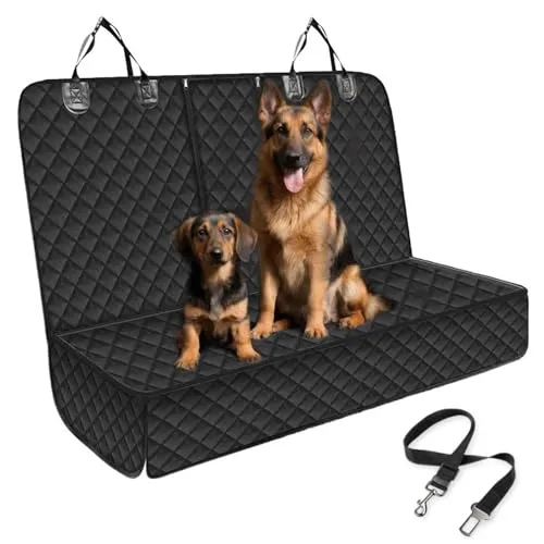 Hundedecke Auto Rückbank, Autoschondecke Hund Rücksitz mit 1 Elastischen Hundesitzgurt, 135x120cm, Kratzfest Wasserdicht, Universelle Passform Hund Rücksitzbank für Nahezu Alle LKWs PKWs SUVs JEEP