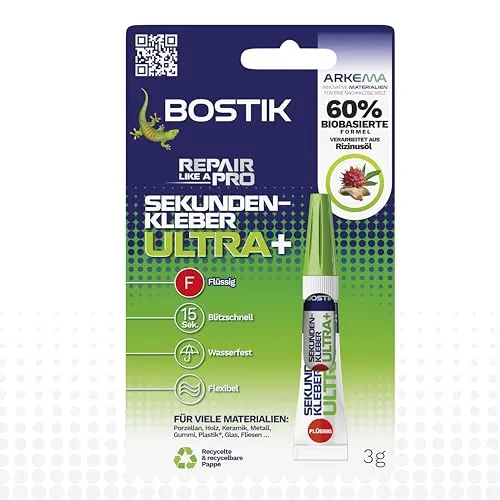 Bostik Sekundenkleber Ultra+, Superkleber 60% biobasiert, Extra stark & flexibel, Flüssigkleber für Haushalt, Hobby & Reparaturen, Geeignet für Kunststoff, Holz, Metall, Keramik & mehr, 3 g Tube