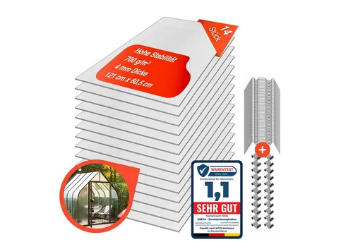 exeta Hohlkammerplatte 4mm - 14 Stck. Polycarbonat für Gewächshäuser - Hohlkammerplatten für den Außenbereich, witterungsbeständig und optimal für Gewächshäuser. Spar-Set mit 14 Platten, inkl. Klammern und Z Clips für einfache Montage.