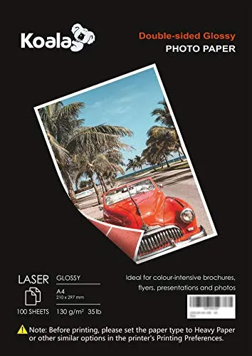 KOALA Fotopapier für Laserdrucker, Doppelseitig, Glänzend, A4, 130 g/m², 100 Blatt. Geeignet zum Drucken von Fotos, Zertifikaten, Broschüren, Flyern, Faltblättern, Grußkarten, Kalendern, Kunst