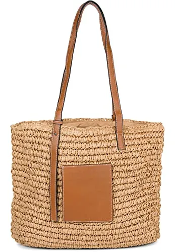 styleBREAKER Damen Korbflecht Schultertasche aus Papierstroh - Damen-Shopper mit langen Kunstlederhenkeln, ideal als Strand- oder Einkaufstasche. Geräumiges Hauptfach mit Reißverschluss und praktisches Innenfach für Handy.