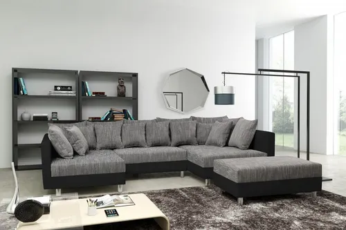 Küchen-Preisbombe Sofa Wohnlandschaft Minsk XXL - Sofa in U-Form mit Hocker, ideal für Filmabende mit der Familie. Hohe Sitzqualität und zeitloses Design in Schwarz/Hellgrau. Maße: 297 x 184 cm, robust und langlebig.