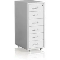 Relaxdays Abschließbarer Rollcontainer aus Metall Weiß, Silber - Ordnung und Flexibilität im Büro: Der abschließbare Rollcontainer mit 6 Schubladen bietet viel Stauraum für Dokumente und Büroutensilien. Robuste Stahlkonstruktion und 4 leichtgängige Rollen ermöglichen ein einfaches Verschieben. Ideal für kleine Räume.
